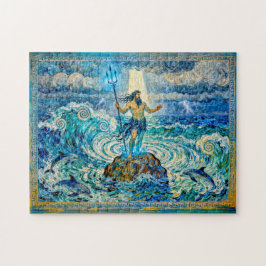 Poseidon on Sea Rocks with Trident and Dolphins Puzzle