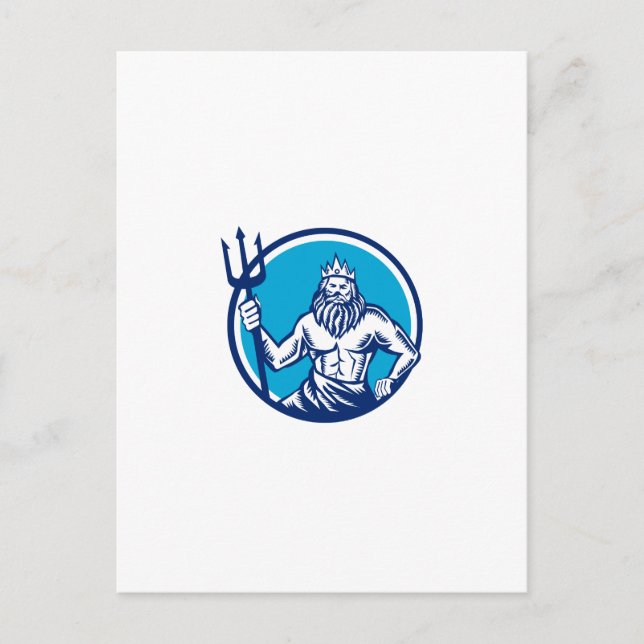 Poseidon Trident Circle Woodcut Postkarte (Vorderseite)