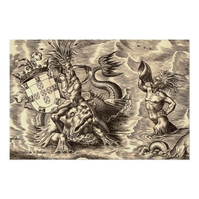 Poseidon und Dolphin Antique World Map Poster (Vorderseite)