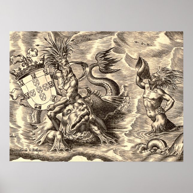 Poseidon und Dolphin Weltkarte Poster (Vorne)