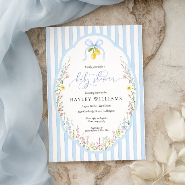 Posey Wildflower Blue Bow Baby Shower Invitation Einladung (Von Creator hochgeladen)