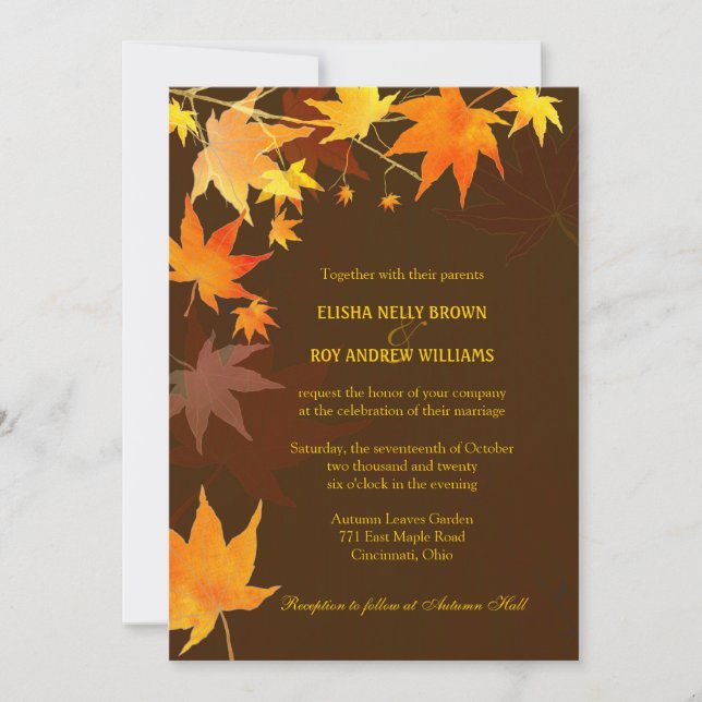 Posh Autumn Maple Blätter Brown Wedding Einladung (Vorderseite)