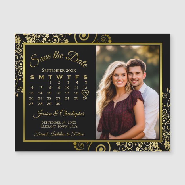 Posh Black & Gold Calendar Foto Rett Date Magnet (Vorderseite)