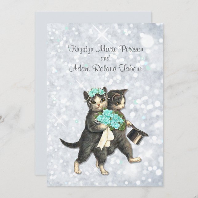Posh Cats Aqua - Silver Sparkle Wedding Einladung (Vorne/Hinten)