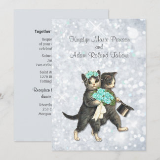 Posh Cats Aqua - Silver Sparkle Wedding Einladung