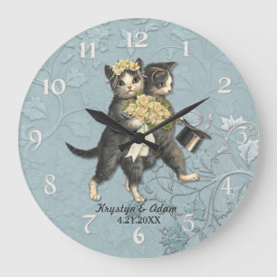 Posh Cats Wedding Blue Große Wanduhr