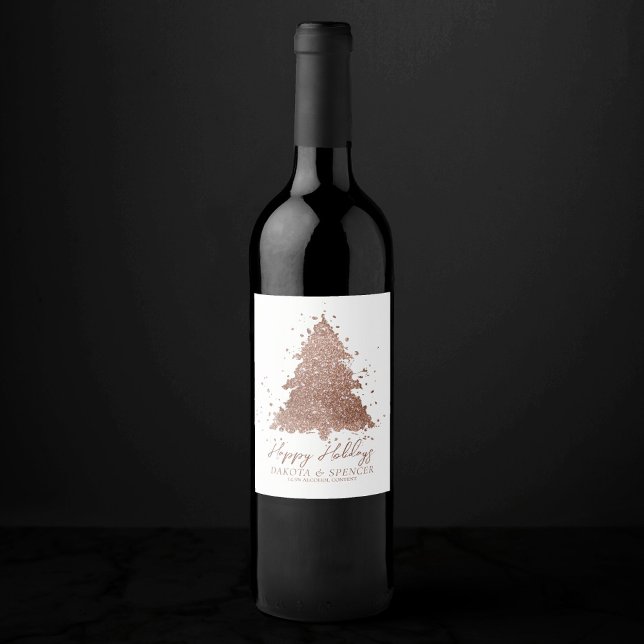 Posh Frohe Weihnachten | Glam Rose Gold Tree Custo Weinetikett (Von Creator hochgeladen)