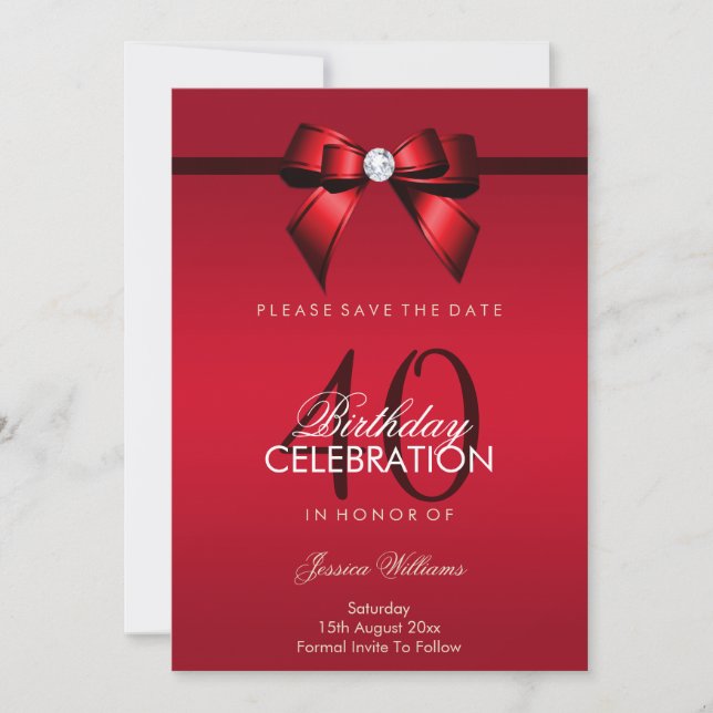 Posh Gem Bow & Ribbon 40. Geburtstag Save The Date (Vorderseite)
