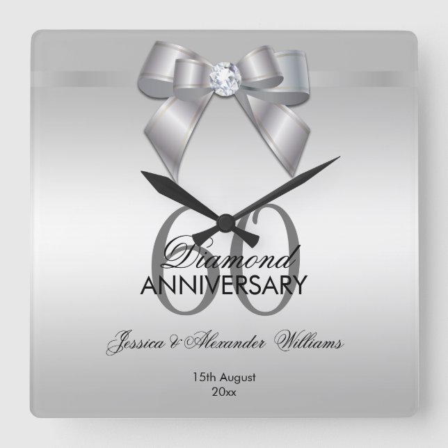 Posh Gem Bow & Ribbon 60. Hochzeitstag Quadratische Wanduhr (Vorderseite)