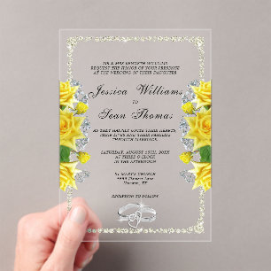 Posh Gerahmt, Diamant Rings & Yellow Roses Wedding Acryleinladungen