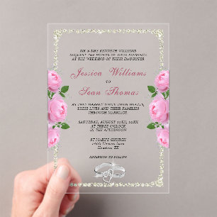 Posh Gerahmt Diamond Rings & Pink Roses Wedding Acryleinladungen