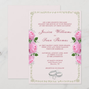 Posh Gerahmt Diamond Rings & Pink Roses Wedding Einladung
