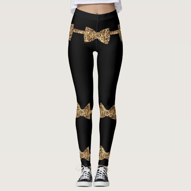 Posh Girls - Black & Gold Bow Krawatte Leggings (Vorderseite)