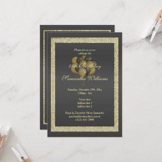 Posh Gold & Black, Glitzer & Balloons Geburtstag Einladung