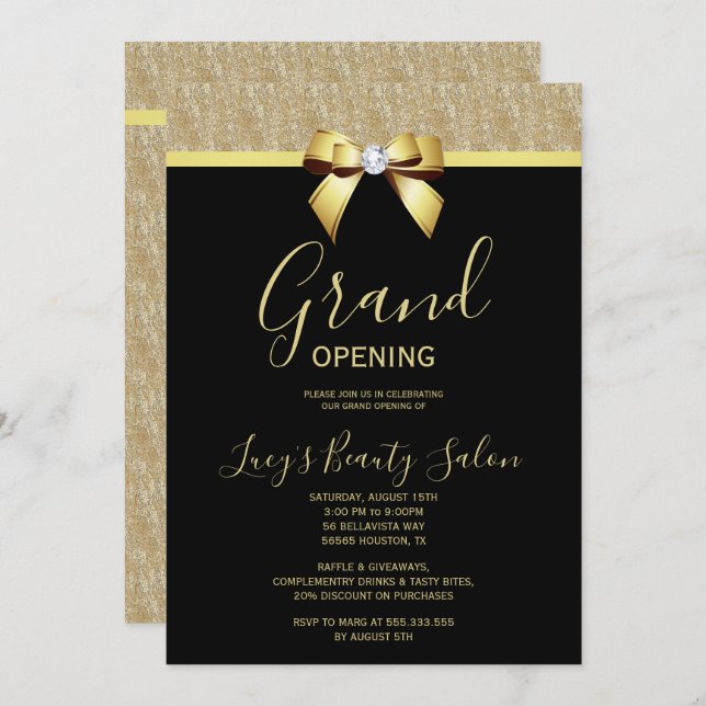 Posh Gold Jewel Bow Grand Opening Einladung (Vorne/Hinten)