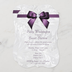 Posh Lila Diamond Bow & Damask Sweet 16 Einladung
