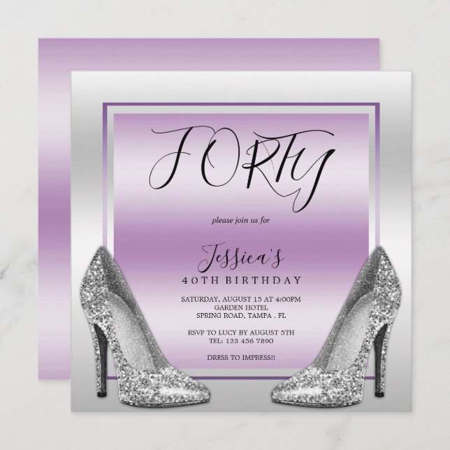 Posh Lilac & Silver Stilettos 40. Geburtstag Einladung (Vorne/Hinten)