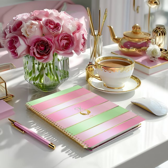 Posh Pastel Pink and Green Striped Planer (Stylish Pink and Pastel Green Monogrammed Planner/Glossy Finish (pictured) or Matte)