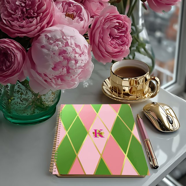 Posh Pink and Green Argyle Monogrammed Planner Planer (Stylish Posh Plaid Pink and Green Monogrammed Argyle Planner/Glossy Softcover of Matte Hardcover)