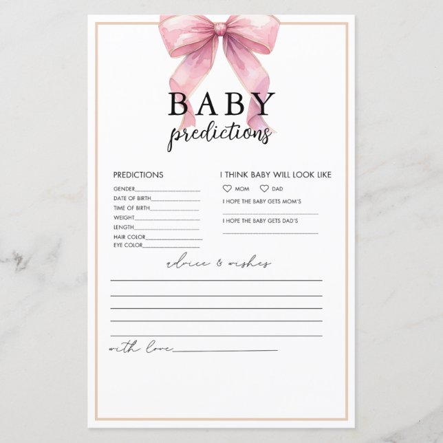 Posh Pink Coquette Bow Baby Predictions Ratschläge (Vorderseite)