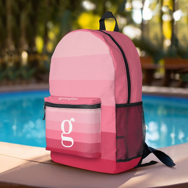 Posh Pink Retro Streifen glänzend - Riesiges Monog Bedruckter Rucksack (Personalized Backpack with Retro Stripes and Custom Name)