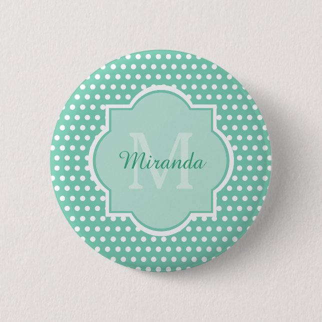 Posh Polka Dots Mint Green Monogram und Name Button (Vorderseite)