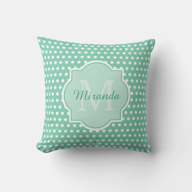Posh Polka Dots Mint Green Monogram und Name Kissen (Vorderseite)