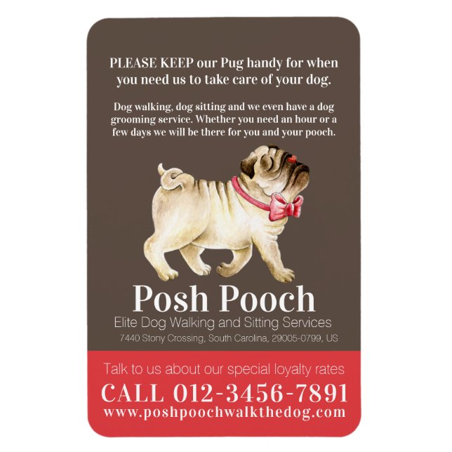 Posh pooch niedlicher Mops Hundelwanderservice Magnet (Vertikal)