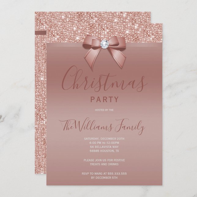 Posh Rose Gold Jewel Bow Weihnachtsfest Party Einladung (Vorne/Hinten)