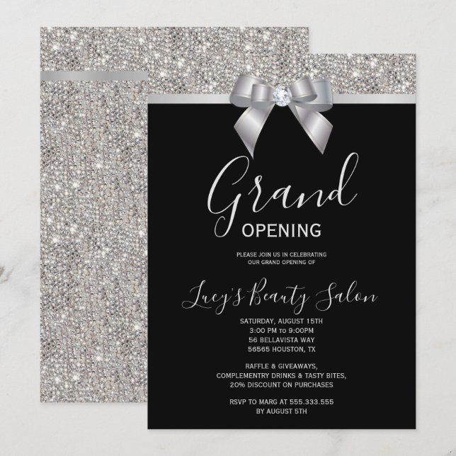 Posh Silver & Black Jewel Bow Grand Opening Einladung (Vorne/Hinten)