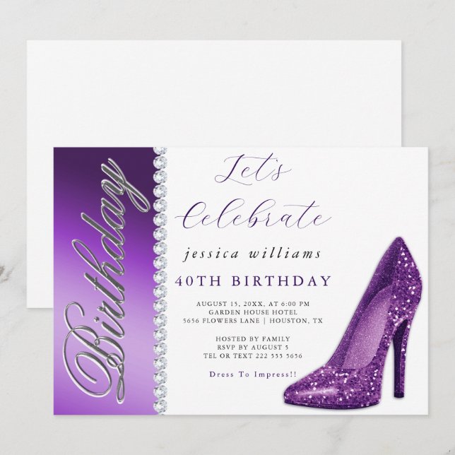 Posh Stiletto & Diamonds Lila zum Geburtstag Einladung (Vorne/Hinten)