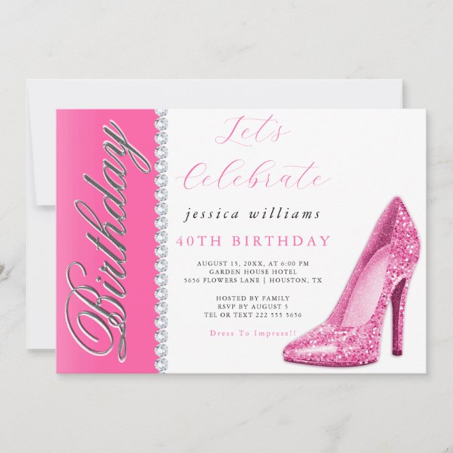 Posh Stiletto & Diamonds Pink Birthday Einladung (Vorderseite)