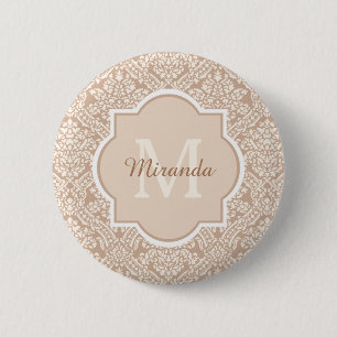 Posh Tan Damask Muster Monogram mit Name Button