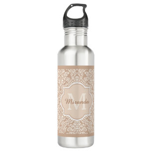 Posh Tan Damask Muster Monogram mit Name Edelstahlflasche
