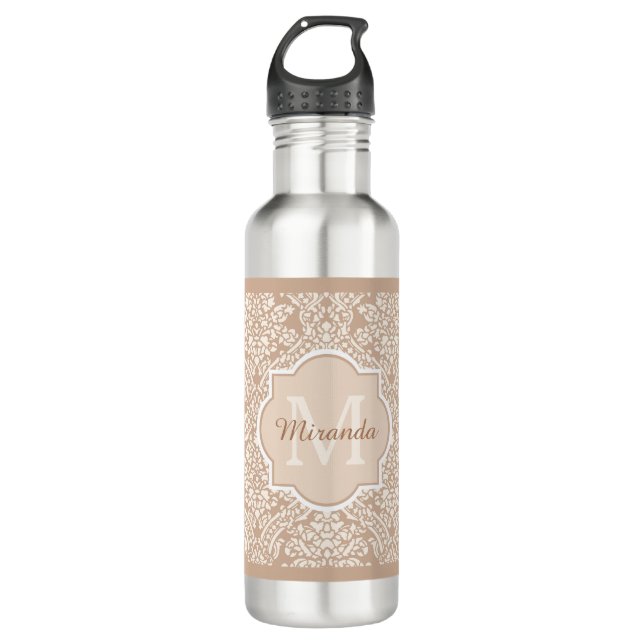 Posh Tan Damask Muster Monogram mit Name Edelstahlflasche (Vorderseite)