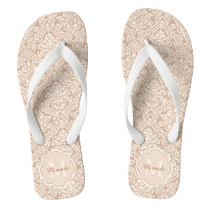 Posh Tan Damask Muster Monogram mit Name Flip Flops