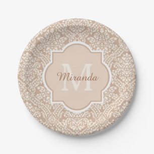 Posh Tan Damask Muster Monogram mit Name Pappteller