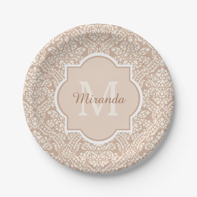 Posh Tan Damask Muster Monogram mit Name Pappteller (Vorderseite)
