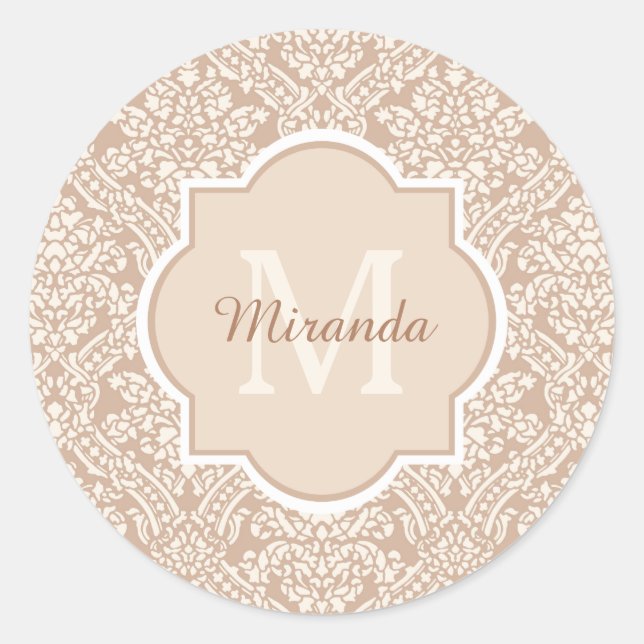 Posh Tan Damask Muster Monogram mit Name Runder Aufkleber (Vorderseite)
