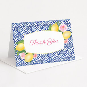 Positano Blaue Fliesen-Limonie Rosa Floral Brautdu Dankeskarte