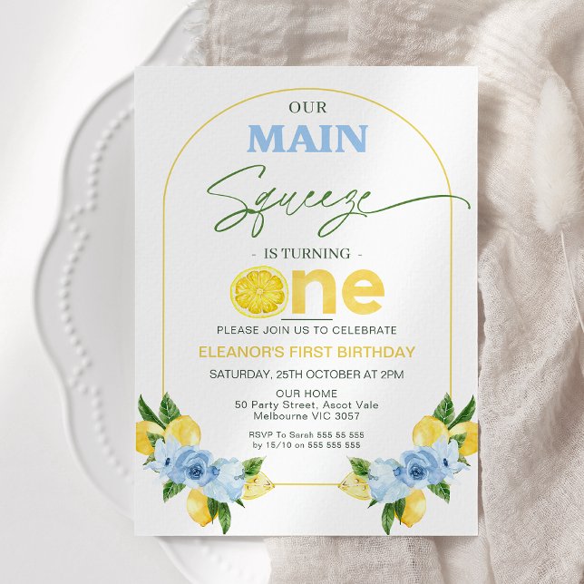 Positano Blue Lemon Unser Hauptpresse 1. Geburtsta Einladung (Main Squeeze 1st Birthday Invitation Blue Floral, Modern Arch Lemon 1st Birthday Invitation Girl,)
