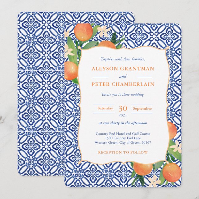 Positano Blue Tiles Orange Citrus Wedding Einladung (Vorne/Hinten)