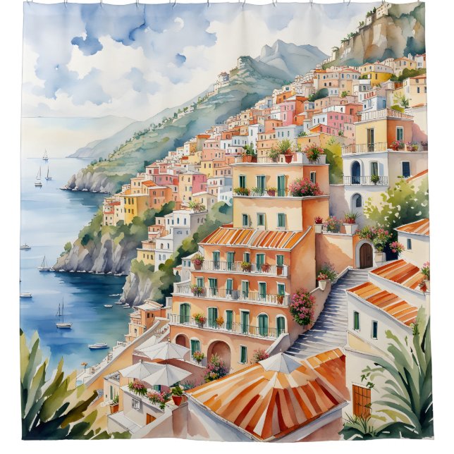 Positano: Die italienische Amalfiküste mit Aquarel Duschvorhang (Vorderseite)