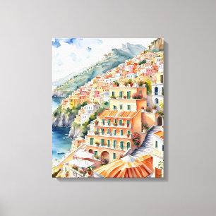 Positano: Die italienische Amalfiküste mit Aquarel Leinwanddruck