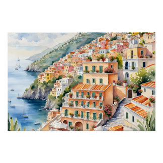 Positano: Die italienische Amalfiküste mit Aquarel Poster