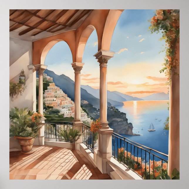 Positano Dream: Aquarell Sunset Vista Poster (Vorne)