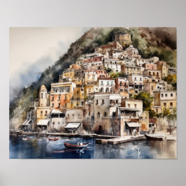 Positano Italien Aquarellkunst Print Poster (Vorne)