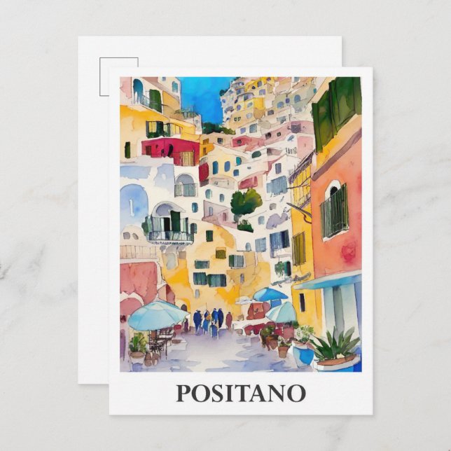 Positano Italien Art Watercolor Reisen Postkarte (Vorne/Hinten)