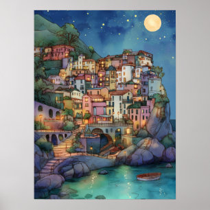 Positano, Italien - Coastal Village & Starry Sky Poster