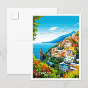 Positano Italien Kunst Vintage Reiseillustration Postkarte